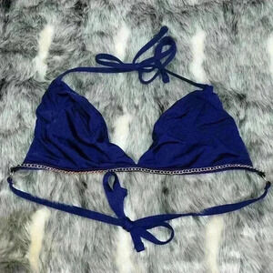 RARE Beach Bunny navy blue gold chain bikini top sz large